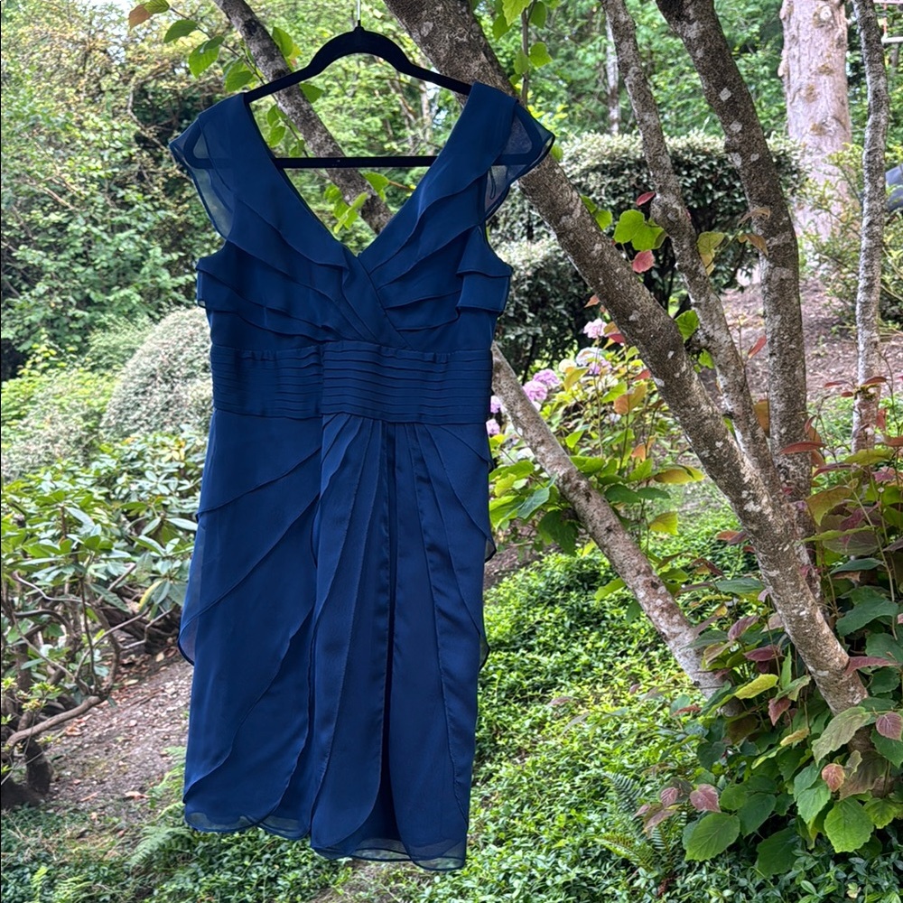 Adrianna Papell Blue Pleated V-Neck Cocktail Dress